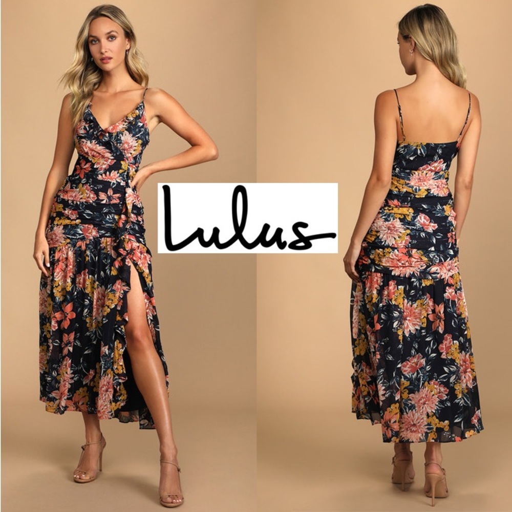 Lulus D.ark NWT Stunning Soiree Navy Blue Floral Print Ruched Midi Dress M